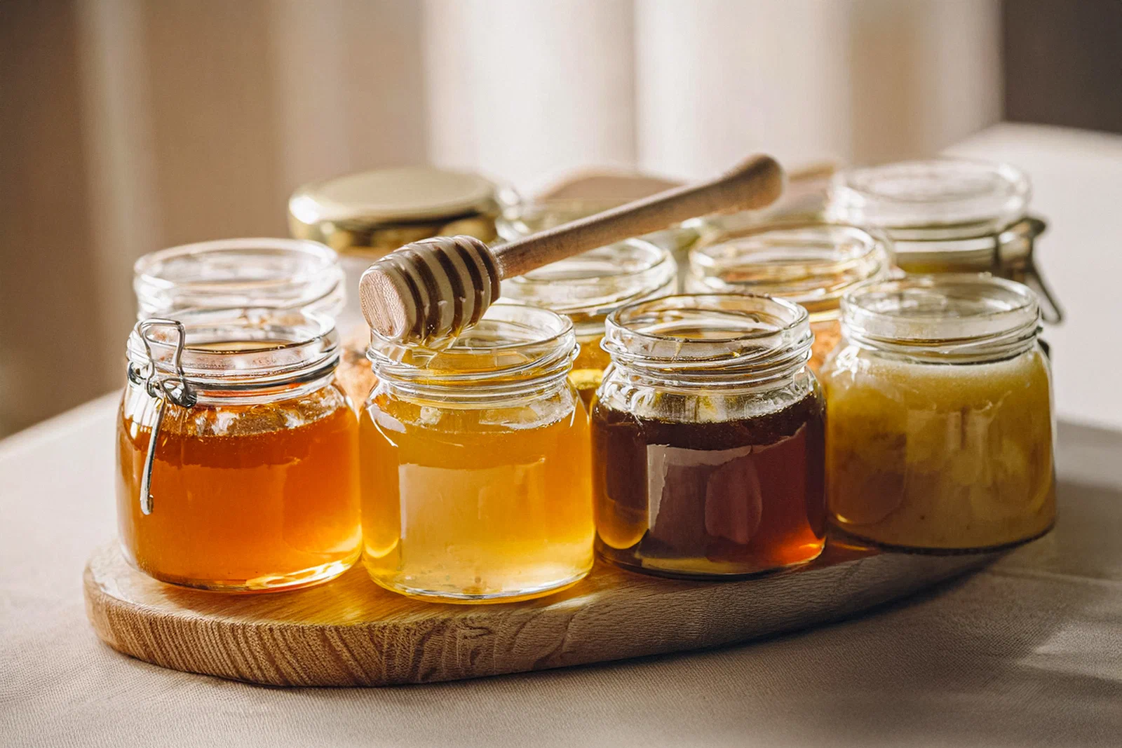 Коллекция различных видов мёда в банках: светлый, темный, густой, жидкий